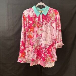 Aratta Silent Journey Women's Pink Floral Button Up Shirt Turquoise Collar Sz L